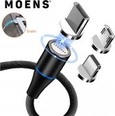 MOENS® - 1 Meter Magnetische DATA & OPLAAD kabel USB-C, apple lightning en Micro-usb - blauwe led verlichting - 360 graden draaibaar - Met gratis kabelbeschermer