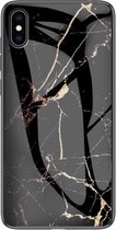 Geschikt voor Apple iPhone XR Backcover - Zwart / Goud - Marmer - Gehard Glas