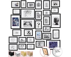 bomoe Emotion Set van 30 Fotolijsten Houten Frames - kunststof glas - 10x 10,5x15cm / 15x 13x18cm / 5x 20x30cm - Metalen Ophanging - Standaard & Passepartout - Zwart