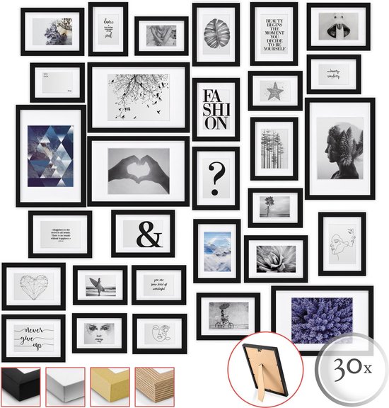 bomoe Emotion Set van 30 Fotolijsten Houten Frames - kunststof glas - 10x 10,5x15cm / 15x 13x18cm / 5x 20x30cm - Metalen Ophanging - Standaard & Passepartout – Zwart