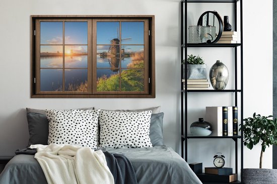 Canvas schilderij 120x80 cm - Wanddecoratie Doorkijk - Molen - Zonsondergang - Muurdecoratie woonkamer - Slaapkamer decoratie - Kamer accessoires - Schilderijen op canvas