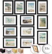 bomoe Ocean Set van 12 Fotolijsten Houten Picture Frames – 12 x 13x18cm Fotolijst Zwart van Hout met Kunststof Glas  - Metalen Ophanging, Standaard & Passepartout