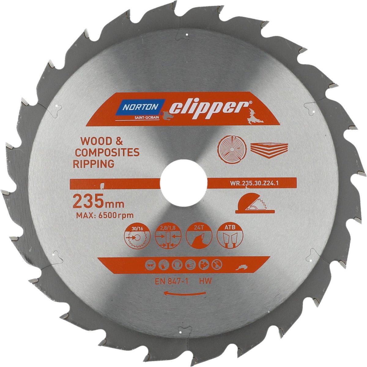 Norton Clipper Hout en Composiet - Zaagblad ATB Ripping - 235mm - 24 tanden - Voor Cirkelzagen en Afkortzagen