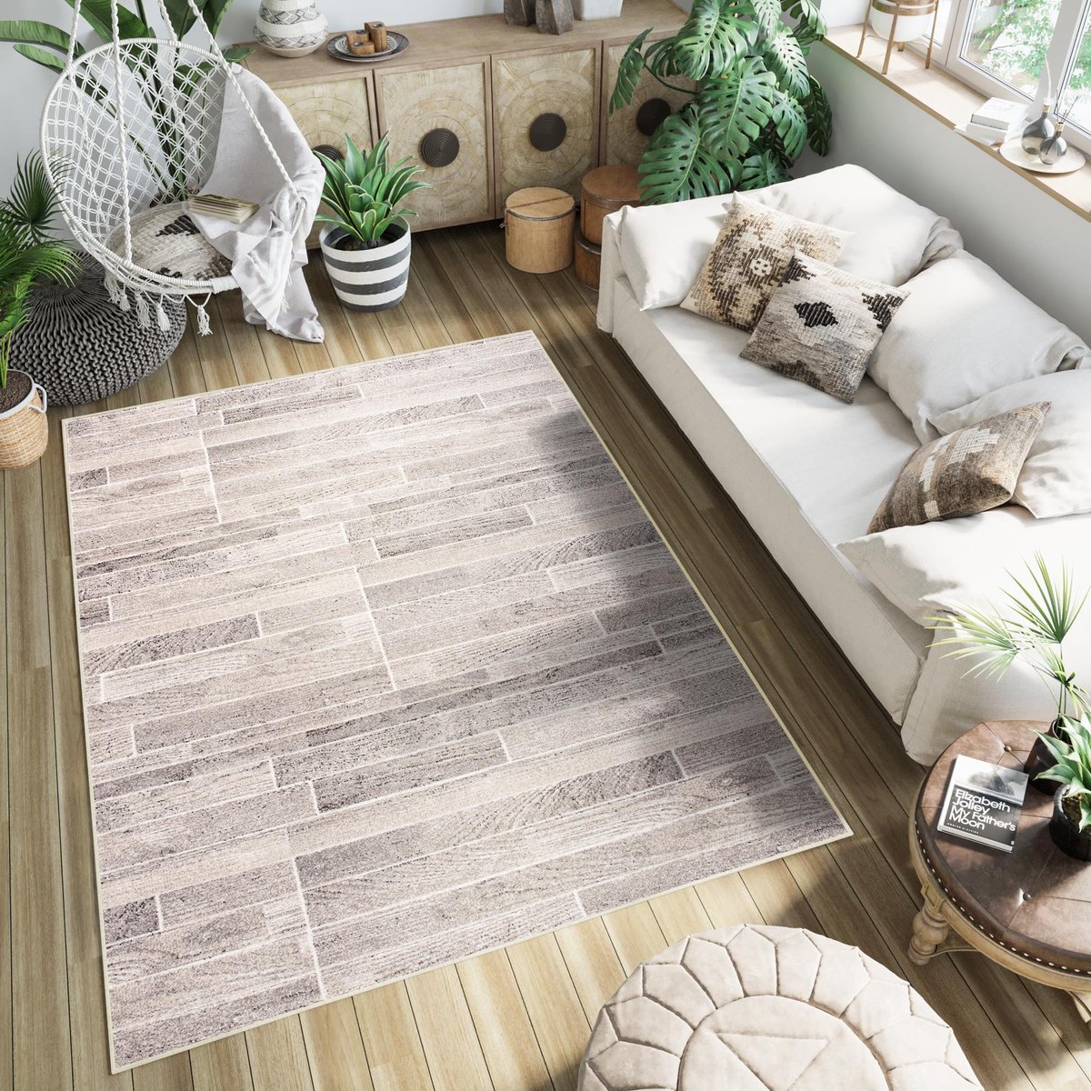 Tapiso Fiesta Vloerkleed Laagpolig Woonkamer Hout Tapijt Maat- 133x190 Beige