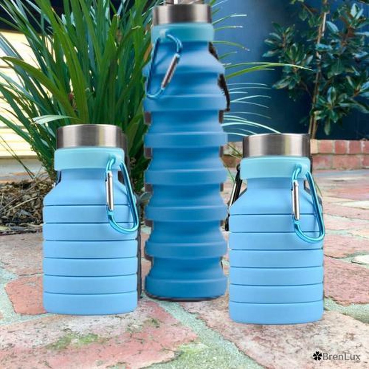✿Brenlux Drinkbus fitness - Drinkfles met sleutelhanger blauw - Drinkbidon voor boekentas - Drinkbus school - drinkfles induwbaar - Drinkfles accordeon