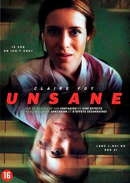 Claire Foy is afgebeeld op de cover van 'Unsane'. Haar gezicht wordt weerspiegeld, met de tekst "IS SHE OR ISN'T SHE?".
