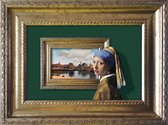 Vermeer kunst in het klein - Meisje met de Parel voor Gezicht op Delft - Droste effect - ingelijst 20x15cm - groen