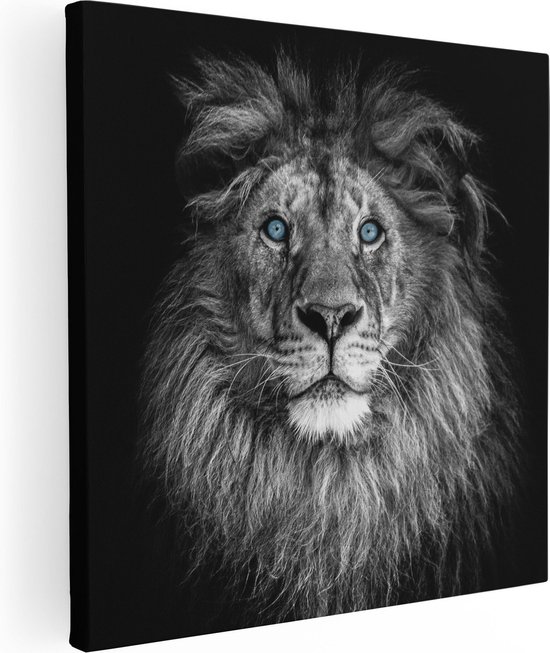 Artaza Canvas Schilderij Leeuw Met Blauwe Ogen - Zwart Wit - 50x50 - Foto Op Canvas - Canvas Print