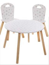 Ronde kindertafel en stoeltjes van hout - wit met sterretjes - 1 tafel en 2 stoelen voor kinderen - Kleurtafel / speeltafel / knutseltafel / tekentafel / zitgroep set / kinder speeltafel - ki