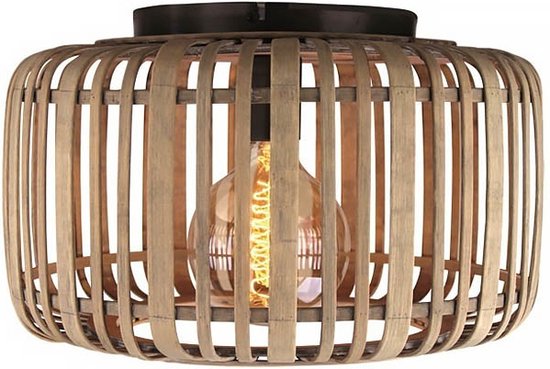 Treccia Plafondlamp 1 lichts d: 34cm rotan/mat zwart - Landelijk - Freelight - 2 jaar garantie