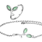 2-Delige Set- Zilver- Armband 18 cm met verstelbare  ring- Green Leaf-Charme Bijoux