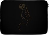Laptophoes 14 inch - Vrouw - Black and gold - Line art - Laptop sleeve - Binnenmaat 34x23,5 cm - Zwarte achterkant