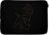 Laptophoes 13 inch - Vrouw - Hoed - Goud - Line art - Laptop sleeve - Binnenmaat 32x22,5 cm - Zwarte achterkant