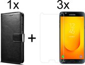 Samsung J7 2018 Hoesje - Samsung Galaxy J7 2018 hoesje bookcase met pasjeshouder zwart wallet portemonnee book case cover - 3x Samsung J7 2018 screenprotector