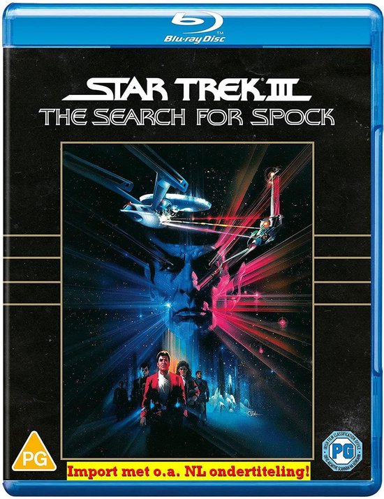 Blu-ray hoes: Star Trek III - The Search for Spock, met een ruimtegevecht en de gezichten van Spock en Kirk.
