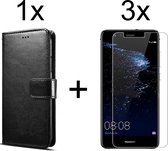 Huawei P10 Plus hoesje bookcase met pasjeshouder zwart wallet portemonnee book case cover - 3x Huawei P10 Plus screenprotector