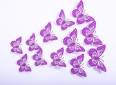 Cake topper decoratie vlinders of muur decoratie met plakkers 12 stuks paars - 3D vlinders - VL-01