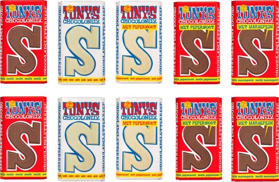 Foto: Tony chocolonely sinterklaas letterreep 5 soorten s 10 stuks van 180 gram melk wit wit pepernoot melk pepernoot melk marsepein fairtrade sint chocolade