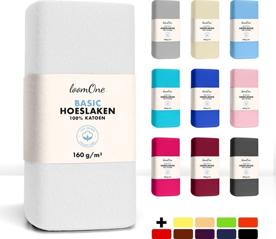 Wit, grijs, geel, lichtblauw, turkoois, blauw, roze, fuchsia, bordeauxrood en zwart hoeslaken met label 'loomOne BASIC HOESLAKEN 100% KATOEN 160 g/m²'.