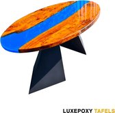 Ovale Epoxy Riviertafel - Teakhout - Blauwe Epoxy - Hoogglans