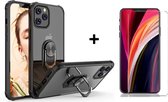 iPhone 13 Pro Max Hoesje Zwart & Glazen Screenprotector - Anti Shock Kickstand Ring Case