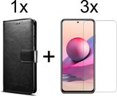 Xiaomi Redmi Note 10 Pro Max hoesje bookcase met pasjeshouder zwart wallet portemonnee book case cover - 3x Xiaomi Redmi Note 10 Pro Max screenprotector