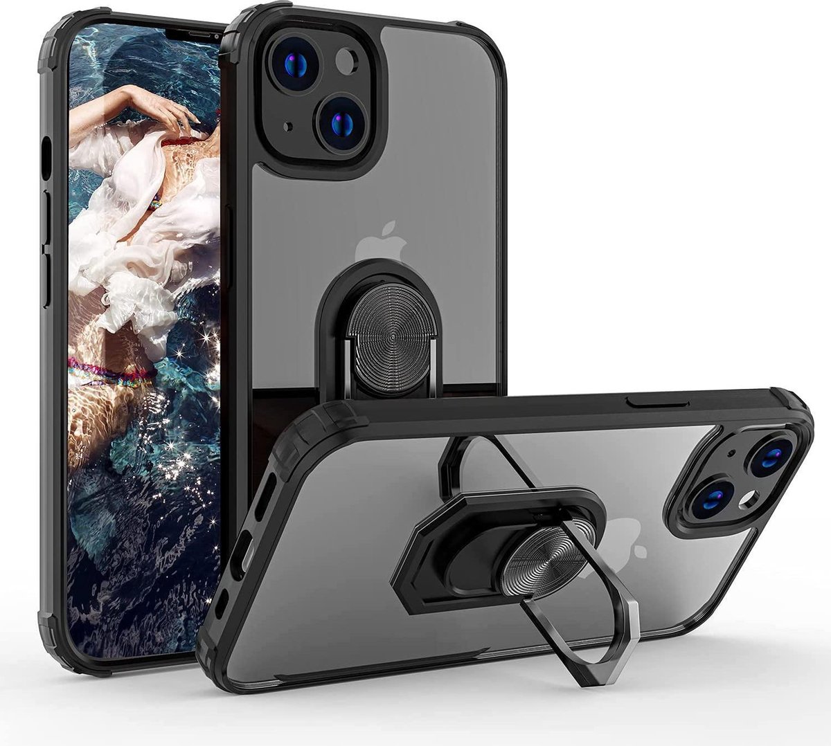 HB Hoesje Geschikt voor Apple iPhone 13 Mini Zwart - Anti Shock Kickstand Ring Case
