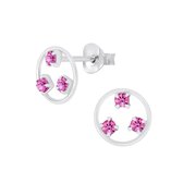Joy|S - Zilveren cirkel oorbellen 8 mm rond - roze kristal