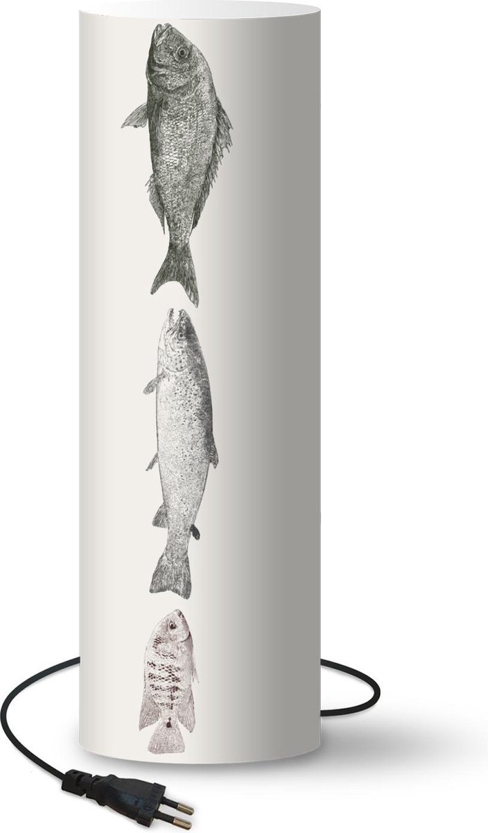 Lamp - Nachtlampje - Tafellamp slaapkamer - Vintage illustratie van een rij vissen - 50 cm hoog - Ø15.9 cm - Inclusief LED lamp