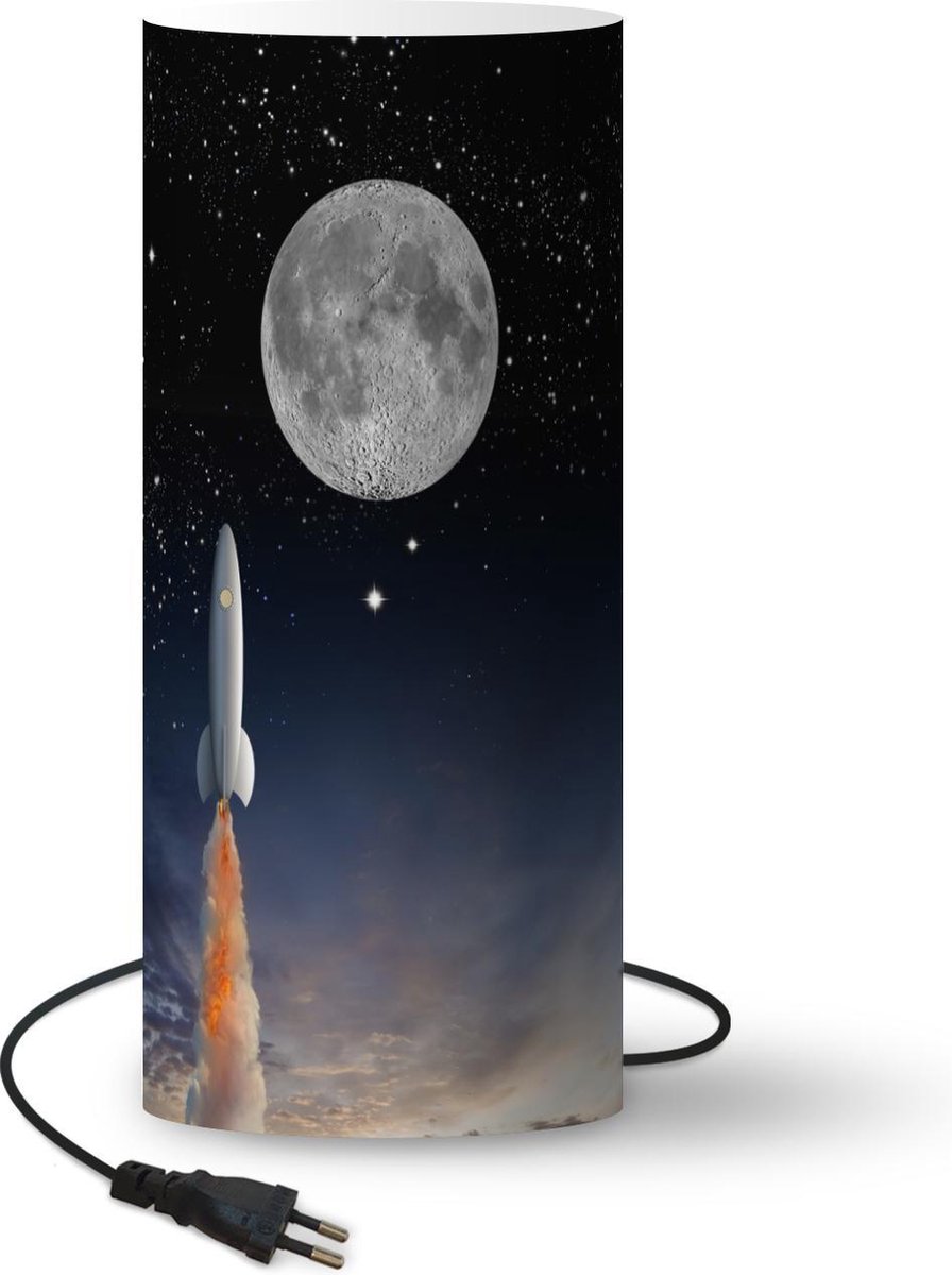 Lamp - Nachtlampje - Tafellamp slaapkamer - de space shuttle en de volle maan - 33 cm hoog - Ø14.3 cm - Inclusief LED lamp
