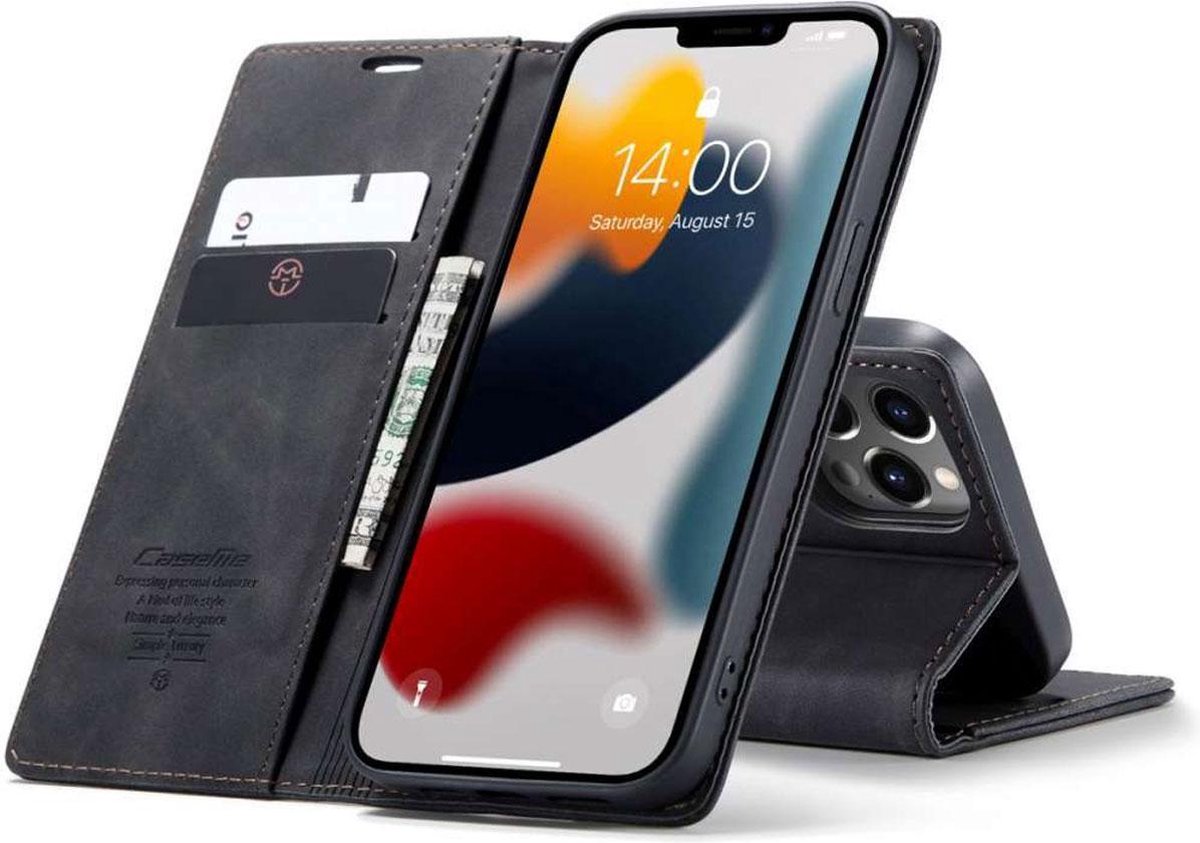 Caseme Slim Retro Wallet kunstleer hoesje voor iPhone 13 Pro - zwart