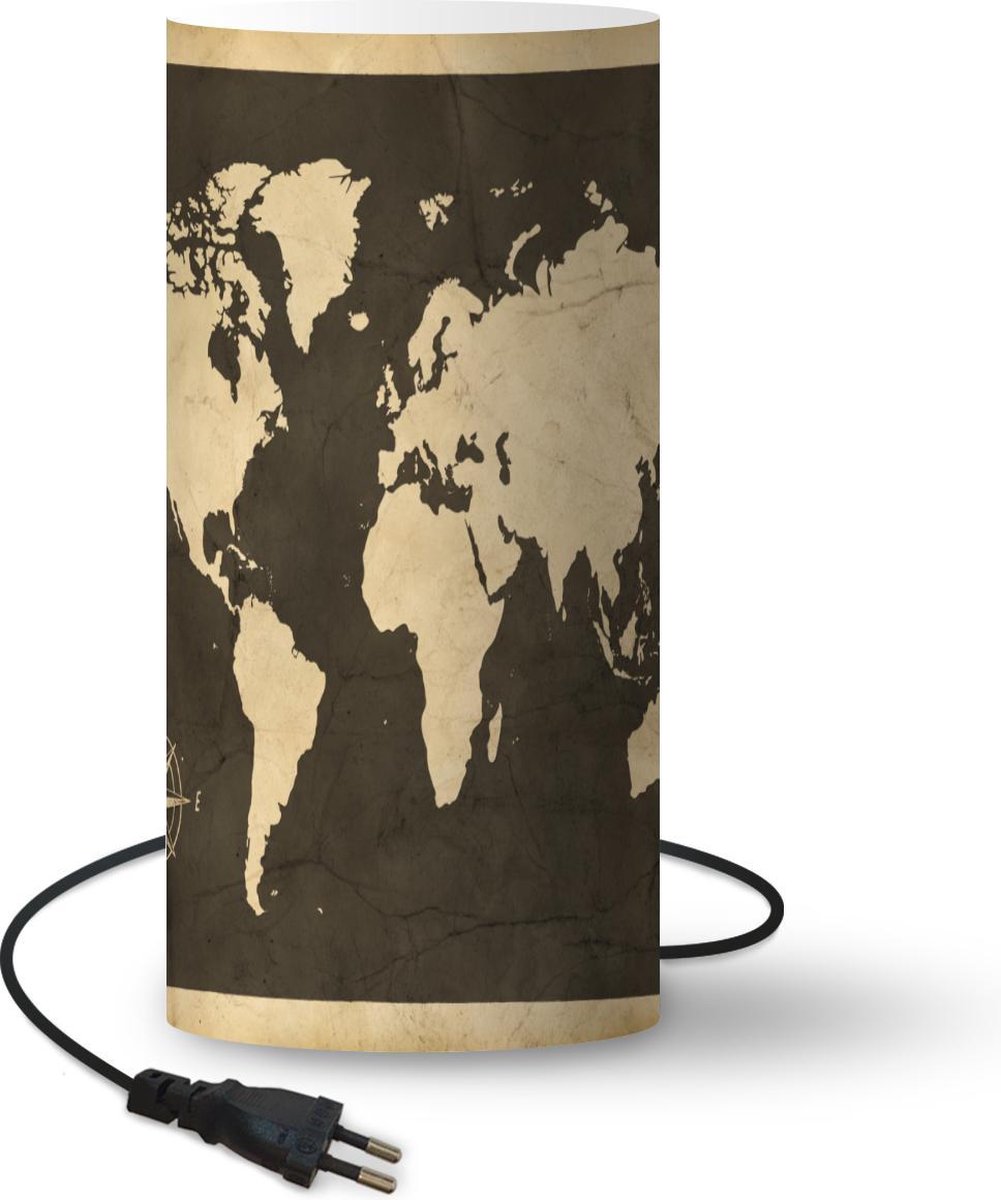 Lamp - Nachtlampje - Tafellamp slaapkamer - Wereldkaart - Kompasroos - Vintage - 54 cm hoog - Ø24.8 cm - Inclusief LED lamp