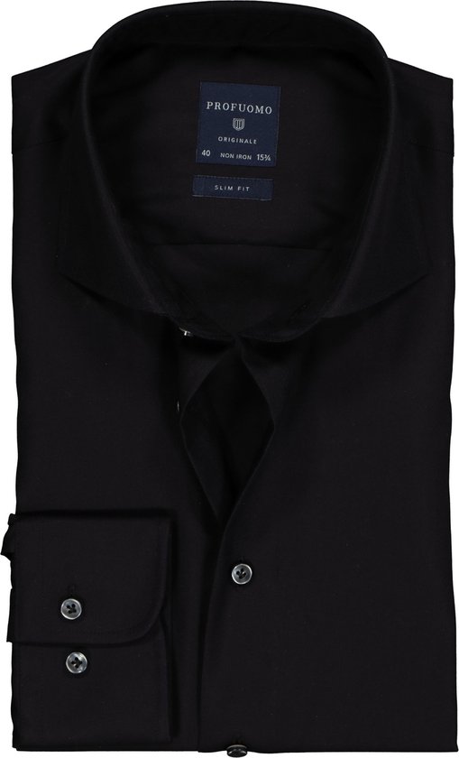 Profuomo slim fit overhemd - fine twill - zwart - Strijkvrij - Boordmaat: 38