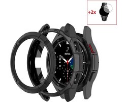 Heavy Duty 360 Graden Bescherming Set Geschikt Voor Samsung Galaxy Watch4 Classic 46mm ( Watch 4 Classic 46 mm ) - Tempered Glass Screen Protector Met Slim Cover Case Bumper Hoesje - Met Geharde Screenprotector Beschermkap  Beschermer Hoes - Zwart