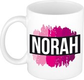 Norah  naam cadeau mok / beker met roze verfstrepen - Cadeau collega/ moederdag/ verjaardag of als persoonlijke mok werknemers