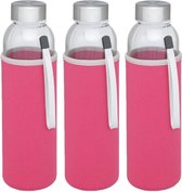 3x stuks glazen waterfles/drinkfles met roze softshell bescherm hoes 500 ml - Sportfles - Bidon