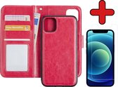 Hoes voor iPhone 12 Hoesje Uitneembare Book Case 2-in-1 Hoes Met Screenprotector - Hoes voor iPhone 12 Wallet Case Pashouder Hoesje Uitneembaar - Donker Roze