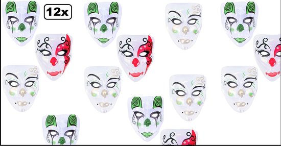12x Pierrot scary masker transparant - Halloween horror griezel streng thema feest festival uitdeel