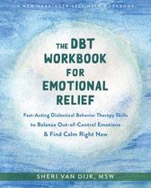 De omslag van "The DBT Workbook for Emotional Relief", een zelfhulpwerkboek met een aquarel van een blauwe, golvende achtergrond met een witte cirkel in het midden. Tekst "THE DBT WORKBOOK FOR EMOTIONAL RELIEF" staat centraal.