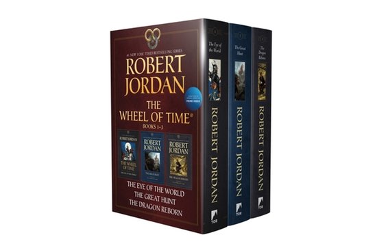 Coffret des trois premiers tomes de 'La Roue du temps' de Robert Jordan, avec les titres 'The Eye of the World', 'The Great Hunt' et 'The Dragon Reborn'.