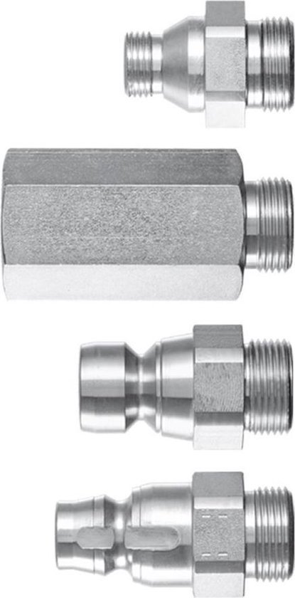 Set van vier metalen connectoren, waaronder een lange zeshoekige en drie kleinere connectoren.