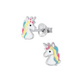 Joy|S - Zilveren eenhoorn oorbellen - 6 x 8 mm - unicorn oorknoppen - multicolor