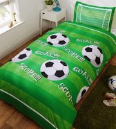 1-persoons kinder dekbedovertrek (dekbed hoes) groen gestreept met zwart - witte voetballen “goal en score” en voetbaldoel 140 x 200 cm (cadeau idee!)