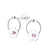 Joy|S - Zilveren bloem oorbellen - cirkel - kristal roze