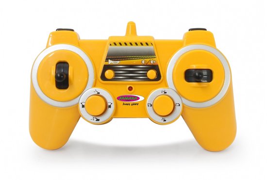 Gele afstandsbediening met twee joysticks en knoppen, met 'Jamara just play' logo.