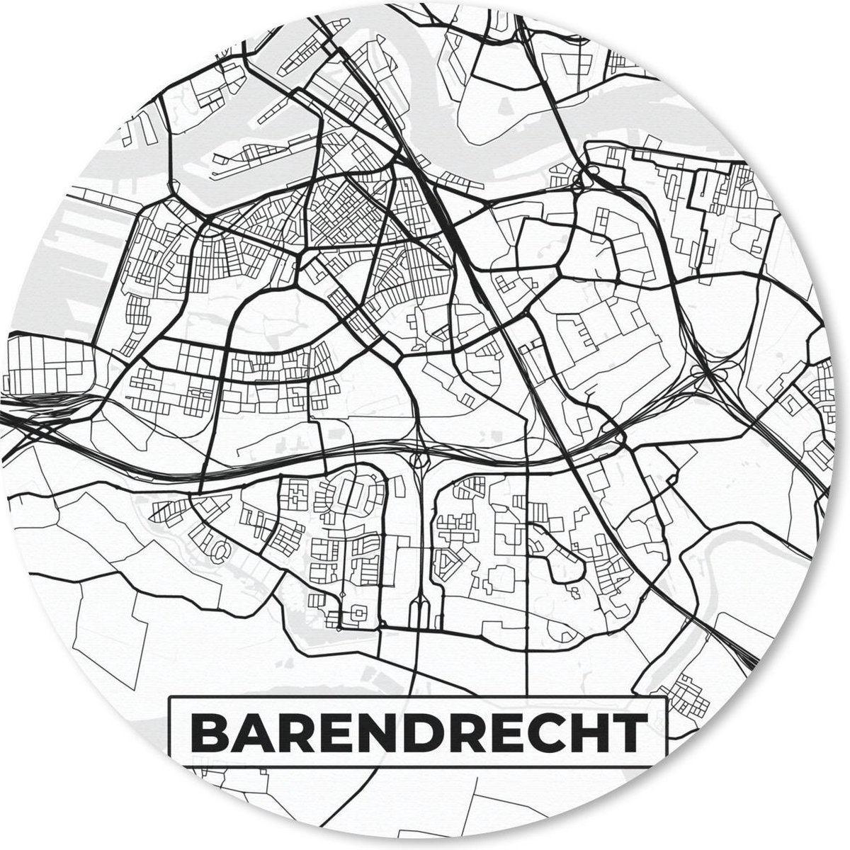 Muismat - Mousepad - Rond - Kaart - Barendrecht - Zwart - Wit - 40x40 cm - Ronde muismat