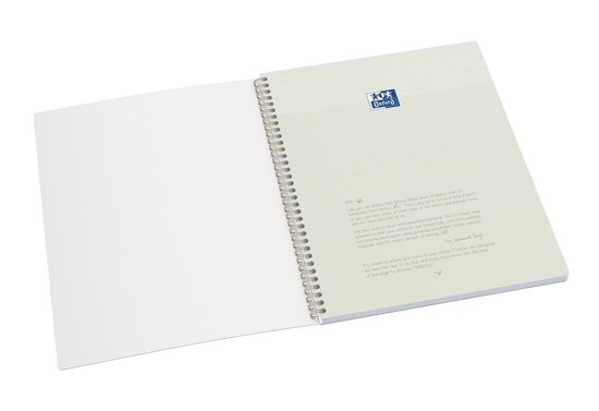 Open A4+ notitieboek met spiraalbinding, met informatie over het papier en de EU Ecolabel op de rechterpagina.