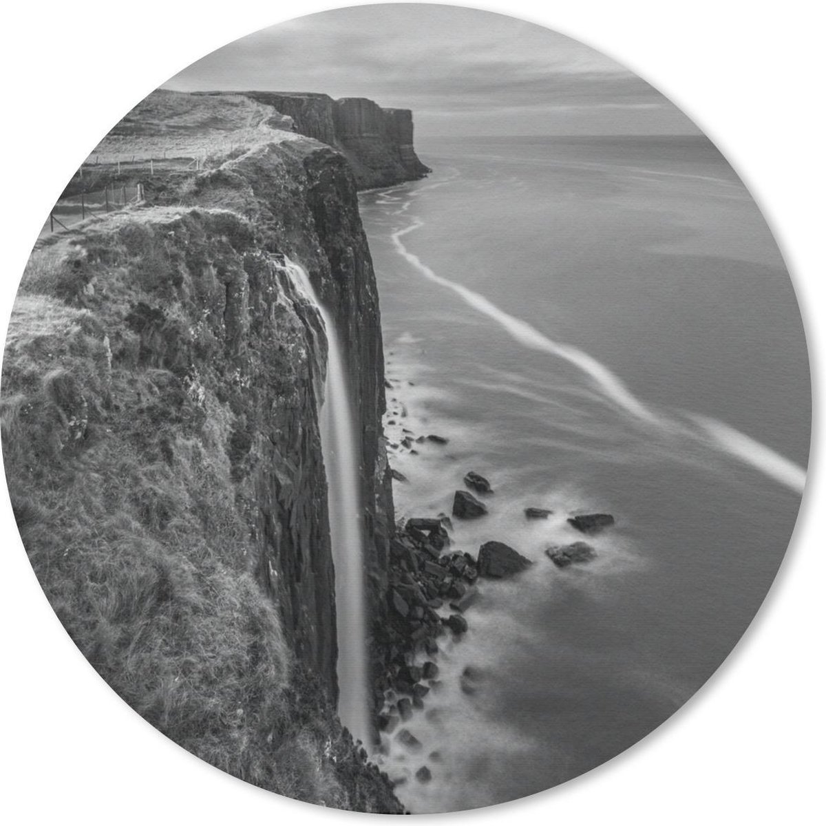 Muismat rond 50x50 cm - Mousepad Waterval op Skye in zwart-wit - Ronde muismatten