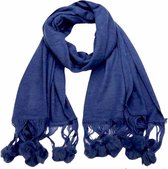 Lange  Gebreide Dames Sjaal - Met Pompon - Blauw - 180 x 56 cm