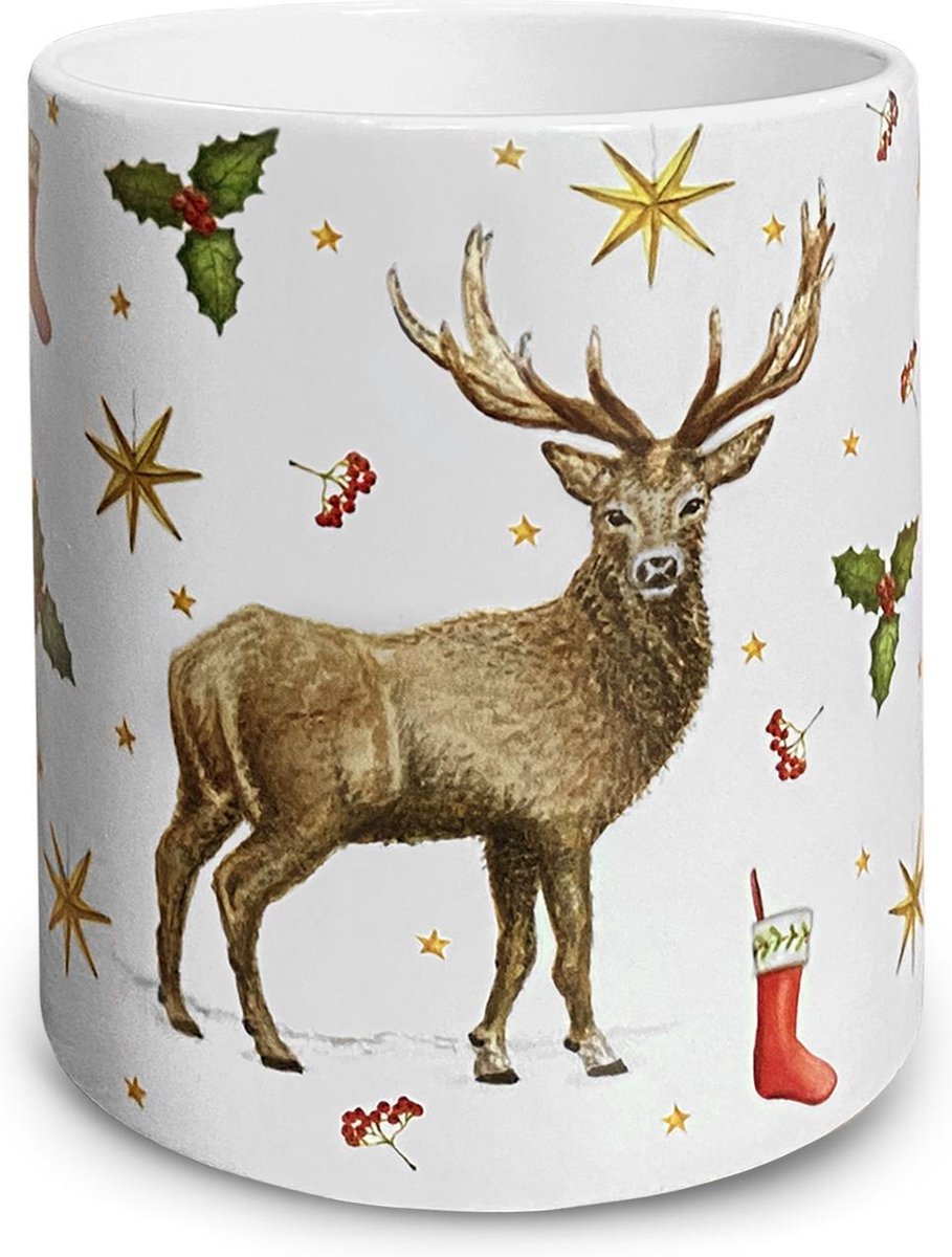 World of Mies kerstmok hert keramiek - Hert konijn uil kerstdecoraties - Kerstbeker - 300 ml - Handgeschilderd design door Mies